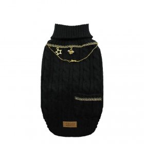 Плетен пуловер Croci SWEATER  CHAINS - черен, с метални верижки в златен цвят